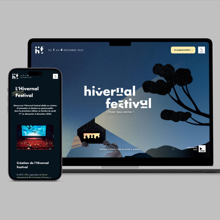 mock up de site internet de Hivernal Festival sur ordinateur et téléphone